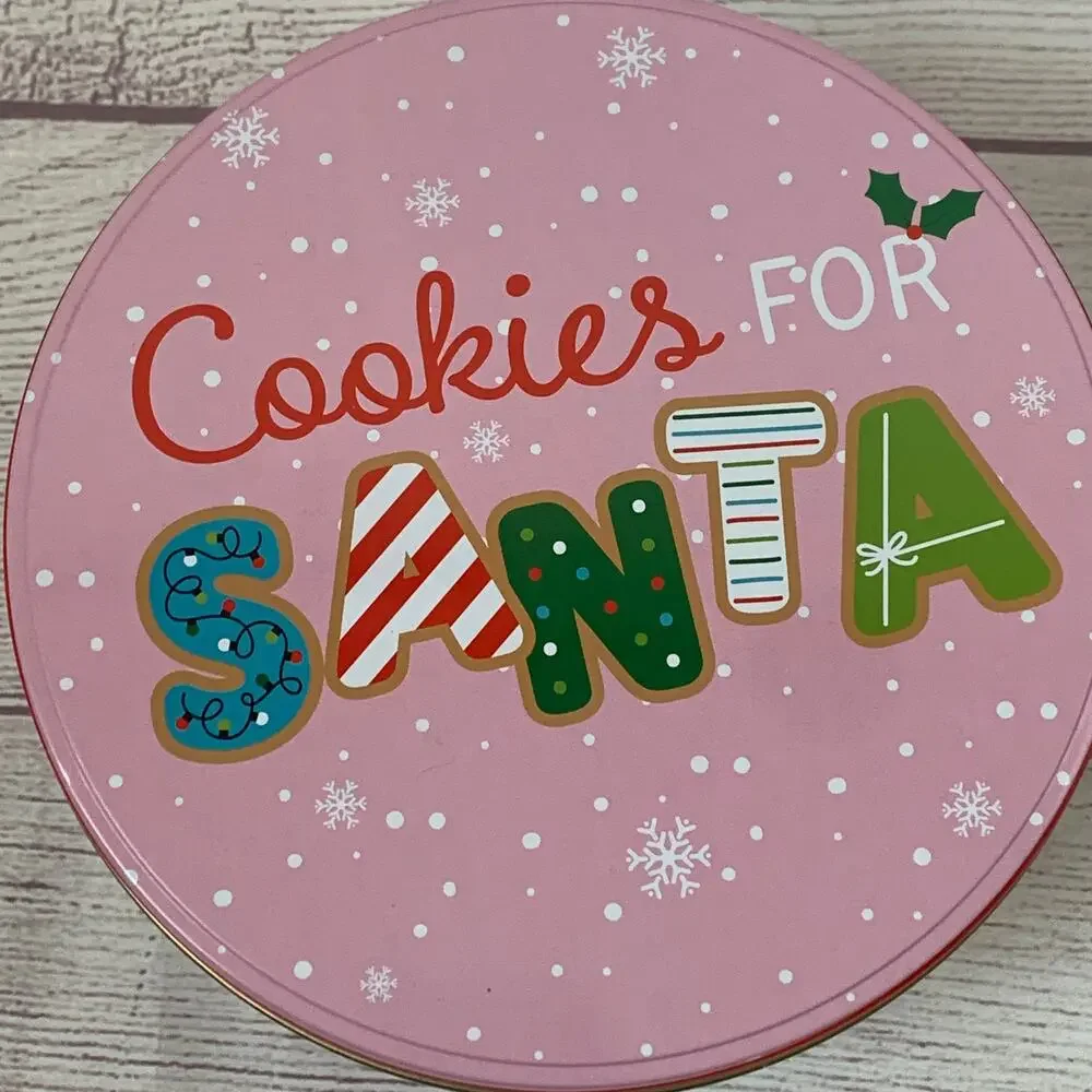 Vintage Pink Christmas Cookies for Santa Tin Empty Metal Storage Box Snowflakes